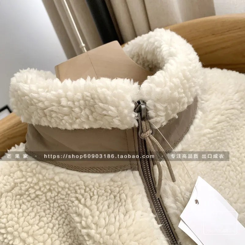 Autumn Winter Lambswool Coat Male Loose Windproof Warm Sherpa Stand Collar Polar Fleece Jacket Unisex Simple  Pocket Spliced Top voguable