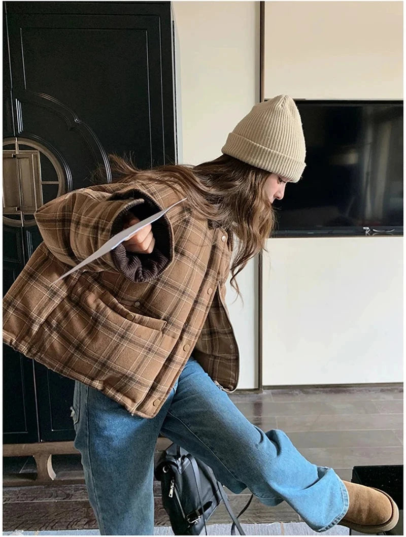 Warm Vintage Plaid Parkas Women Loose Long Sleeve Winter Thick Cotton Coat Korean Casual Pockets Cute Sweet Jacket Tops New voguable