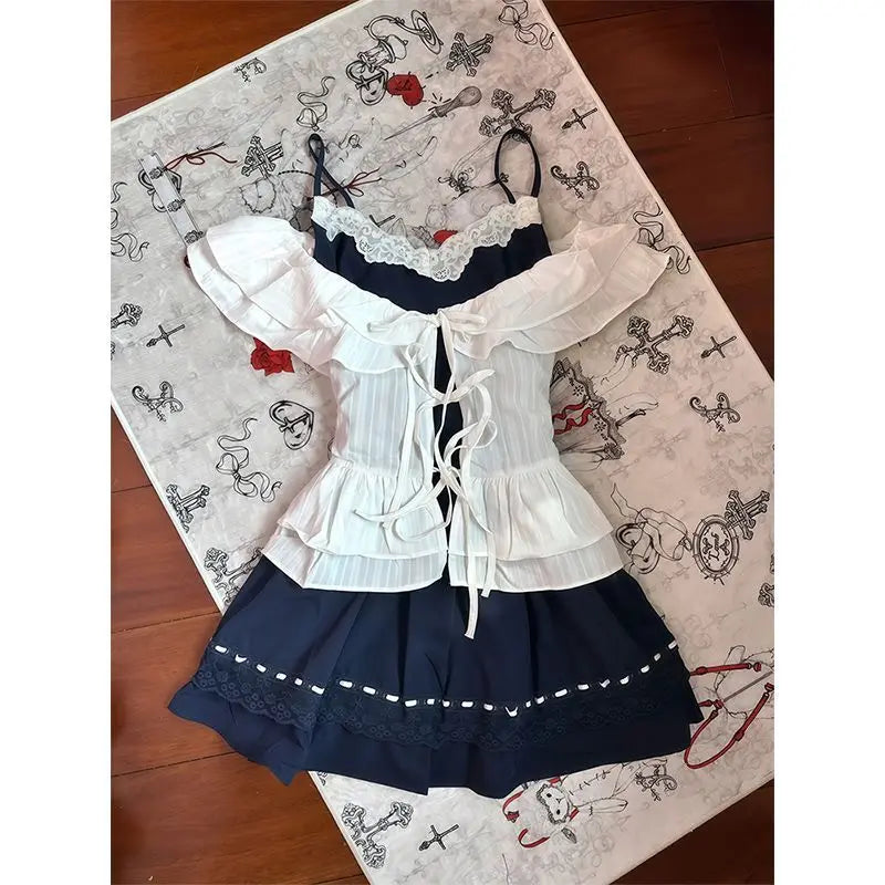 Voguable  Y2K Lolita Two Piece Set Off Shoulder Ruffled Blouse + Lace Trim Camisole Skirt Japanese Style Sweet Preppy Dress Summer voguable