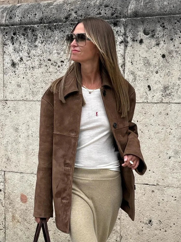 Women Autumn Fashion Solid Lapel Single Breasted Jacket Casual Long Sleeve Spliced Pocket Coat 2024 New Lady High Streetwear voguable