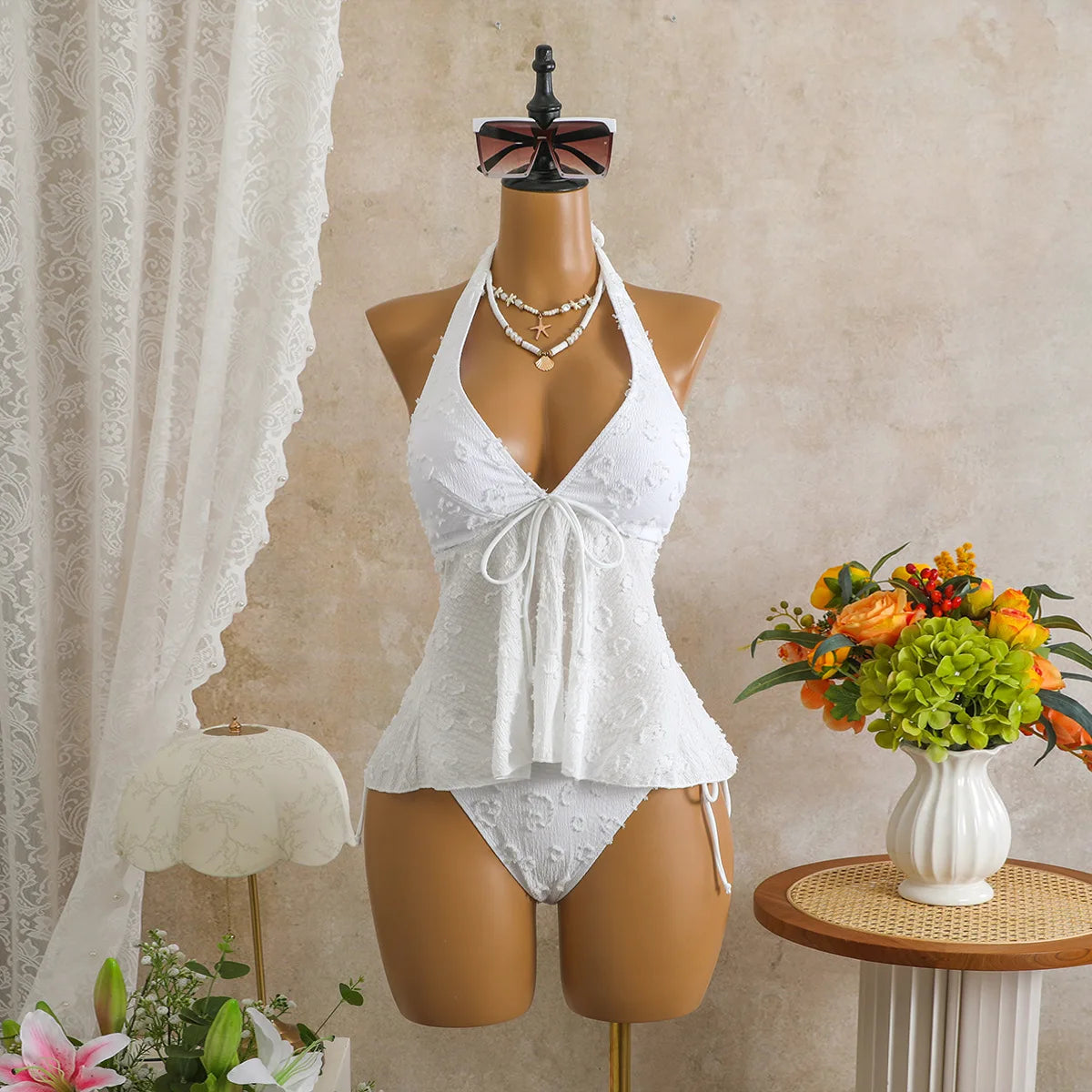 Voguable  Women Solid Backless Swimwears Textured Halter Tankini Swimsuit Ruffled Top with Side Tie Bottom for Summer Beach Pool Swimwear voguable