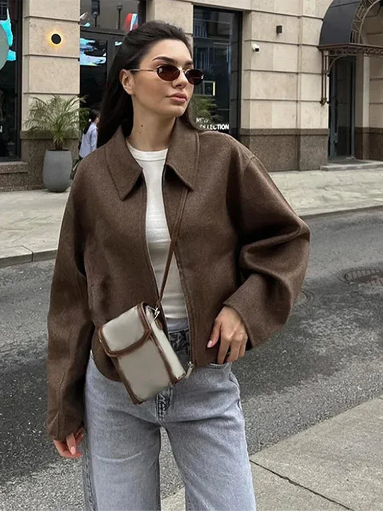 Fashion Brown Zipper Woolen Jacket For Women Elegant Lapel Long Sleeve Short Coats Female Vintage Autumn Lady Street Outerwear voguable