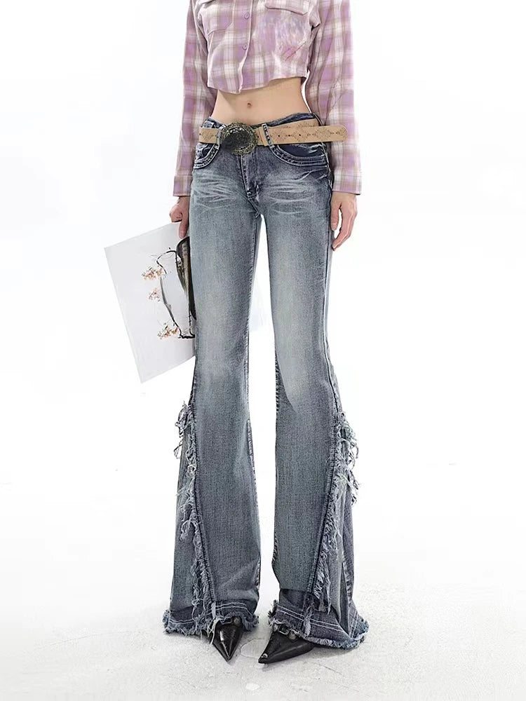 Voguable American Retro Y2K Flare Jeans Scratched Slim Bell Bottoms Women Fashion Gyaru Denim Pant  Raw Edge Trousers Hip Hop High Street voguable