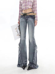 Voguable American Retro Y2K Flare Jeans Scratched Slim Bell Bottoms Women Fashion Gyaru Denim Pant  Raw Edge Trousers Hip Hop High Street voguable