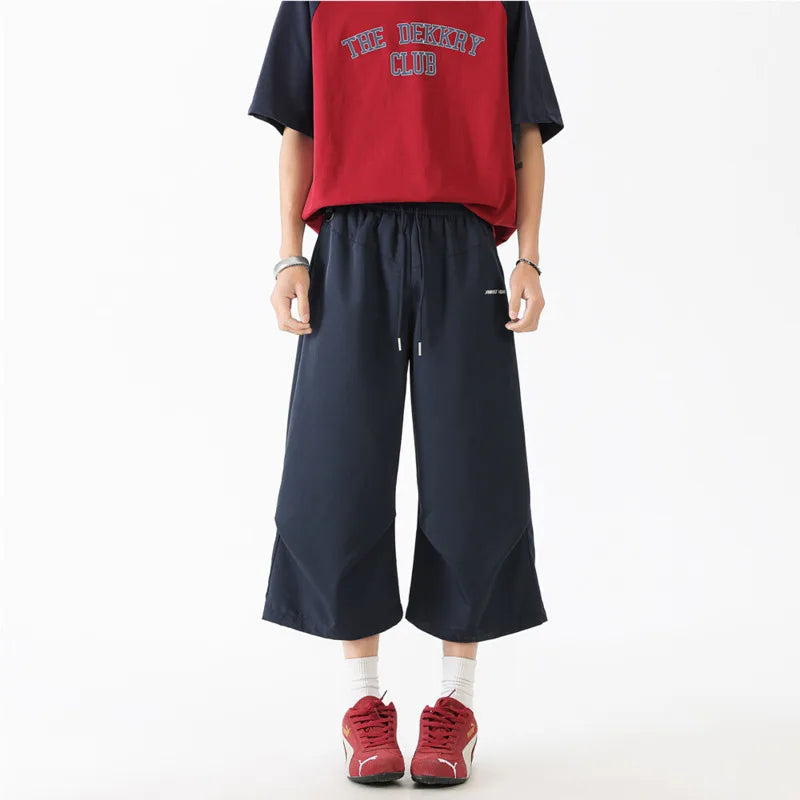 Summer Thin Casual Pants Men Fashion Black Wide Leg Pants Men Streetwear Hip-hop Loose Ice Silk Pants Mens Cropped Trousers voguable