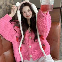 Autumn Winter Strawberry Knitting Women Cardigan Y2K Fashion Loose Long Sleeve Thicken Warm Sweater Korean Chic Preppy Sweater voguable