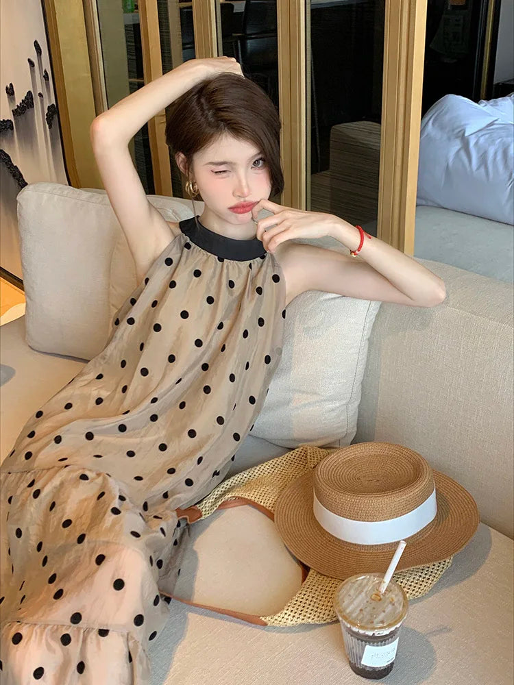 Woman Dress Sleeveless Polka Dot Bandage Halter Ruffles Stand Collar Loose Sweet Elegant Dresses Female Casual voguable