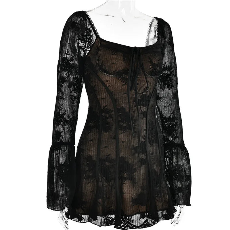 Elegant Backless Long Flare Sleeve Print Mini Dress Women Fashion square collar A-line Pleated Club Party Sexy Dress voguable