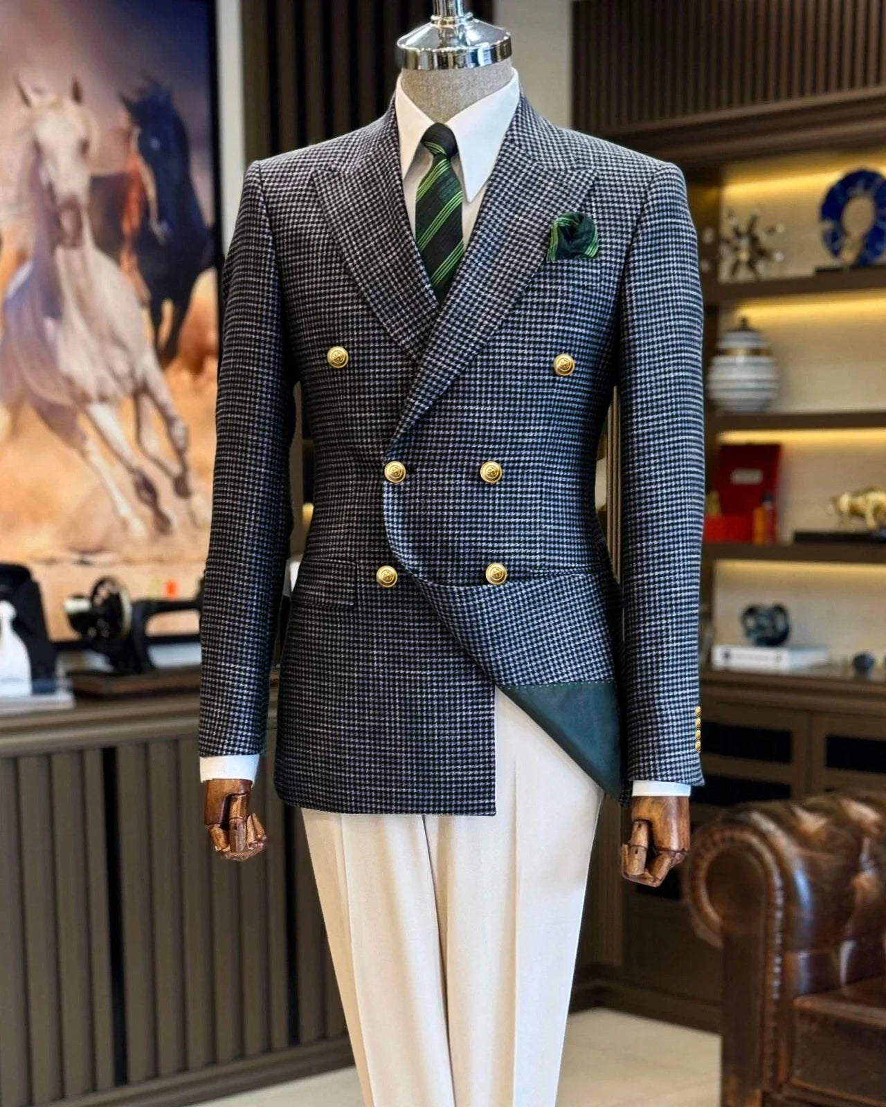 Voguable  Black Men's Suit Jacket Houndstooth Peak Lapel Double Breasted Business Regular Fit Blazer Man plus size voguable