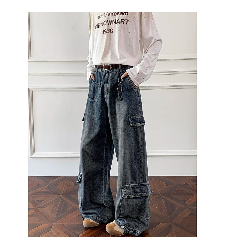 Men Workwear Cargo Jeans New Multi Pocket Loose Straight Leg Baggy Streetwear Denim Pants Urban Casual Trousers 2025 Autumn voguable