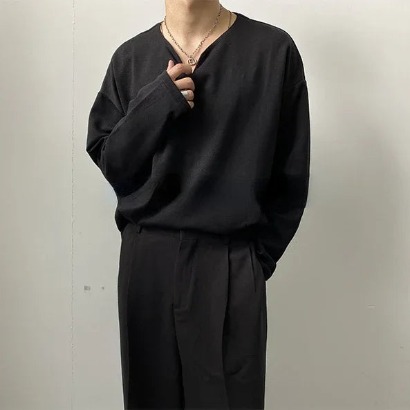 Autumn 100% Cotton Small V-neck Long Sleeve T-shirts Men Korean Casual Solid Color High-end Design Loose Bottoming Shirt Men voguable