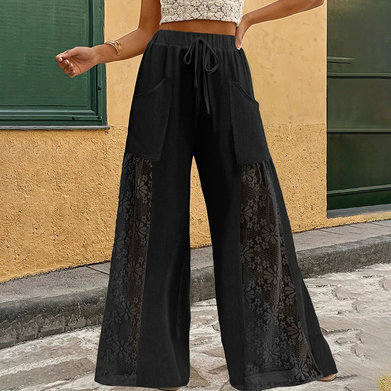 Voguable  Summer Lace Patchwork High Waist Drawstring Pockets Loose Fit Wide-leg Pants Casual Beach Vacation Comfortable Trousers Clubwear voguable