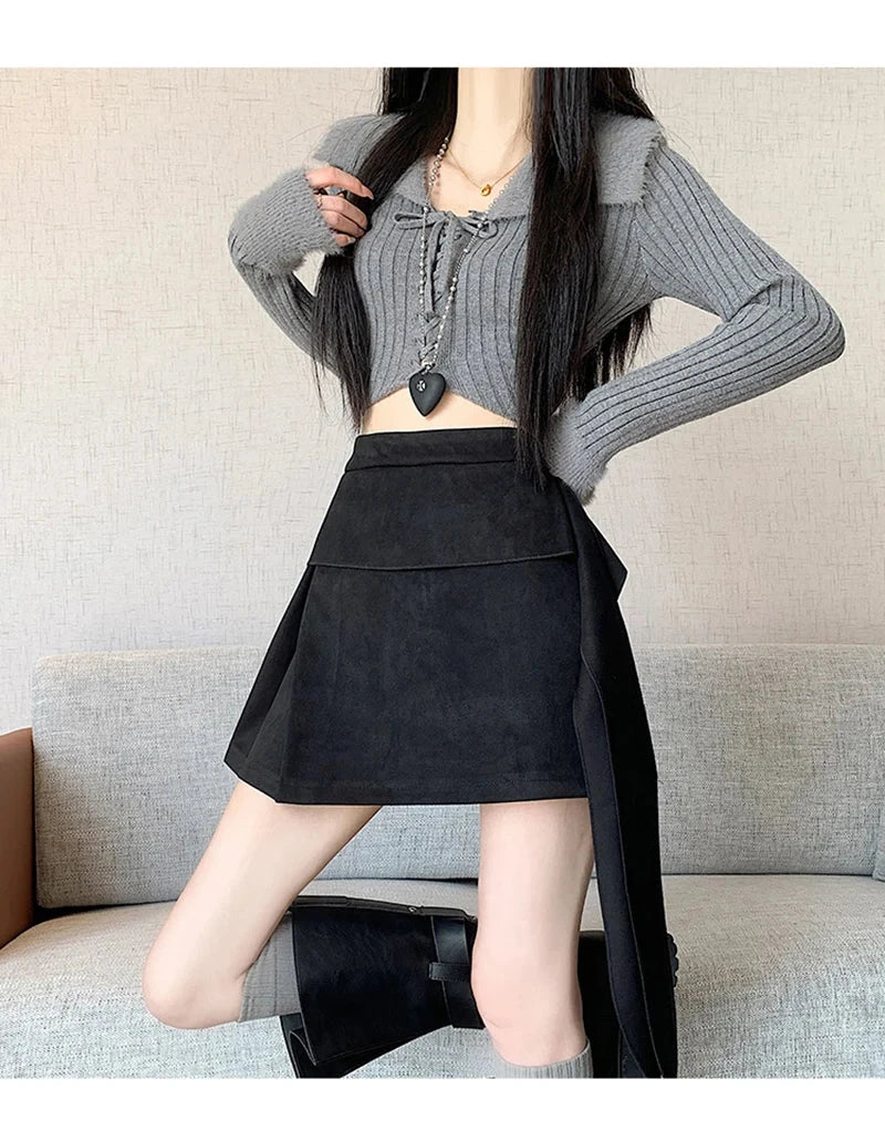 Sexy Slim Faux Suede Skirt Women High Waist Streetwear Vintage Bow Mini Skirts Fall Winter Casual American A Line Skirt New voguable