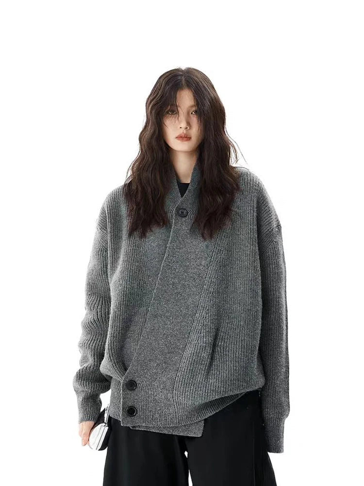 Hip Hop Y2K Gray Cardigan Sweaters Women Loose Streetwear V Neck Design Knitted Coat Casual Vintage Long Sleeve Bf Gothic Tops voguable