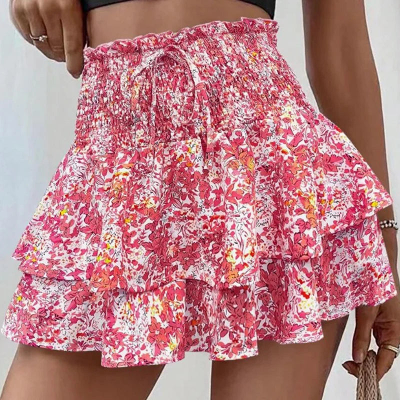 Voguable  Fashion Florals Mini Skirt for Women Summer Casual Waist Shaping Ruffled Hem Short Skirt Woman Drawstring Wide Leg Half Skirts voguable