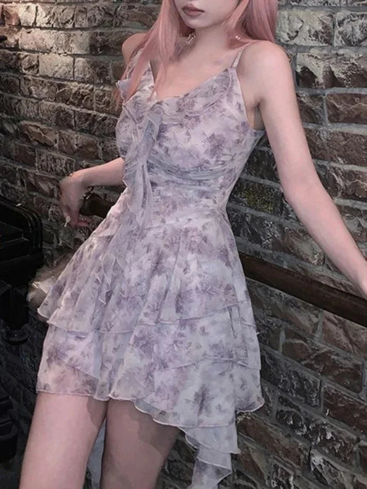 Voguable Vintage Sweet Party Mini Dress Women Ruffles YK2 Floral Print Korean Fashion Designer Sexy Strap Dress Summer New Female voguable