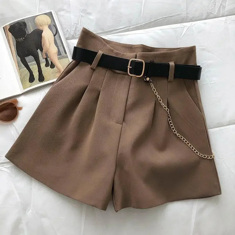 Korean with Belt Women Suit Shorts Y2K Summer High Waist Solid Color A Line Shorts Loose Streetwear All Match Wide Leg Pants voguable