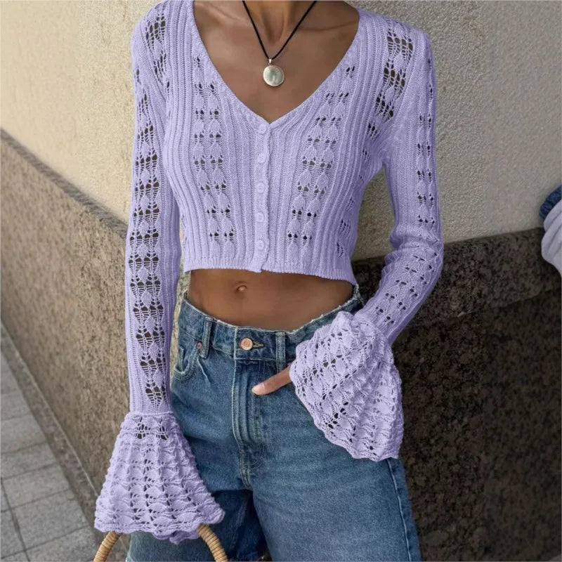 2025 New Knit Flare Sleeve V-neck Hollow Out Short Coat Fashion Casual Button Transparent Summer Cardigan Top Cover-up Jacket voguable