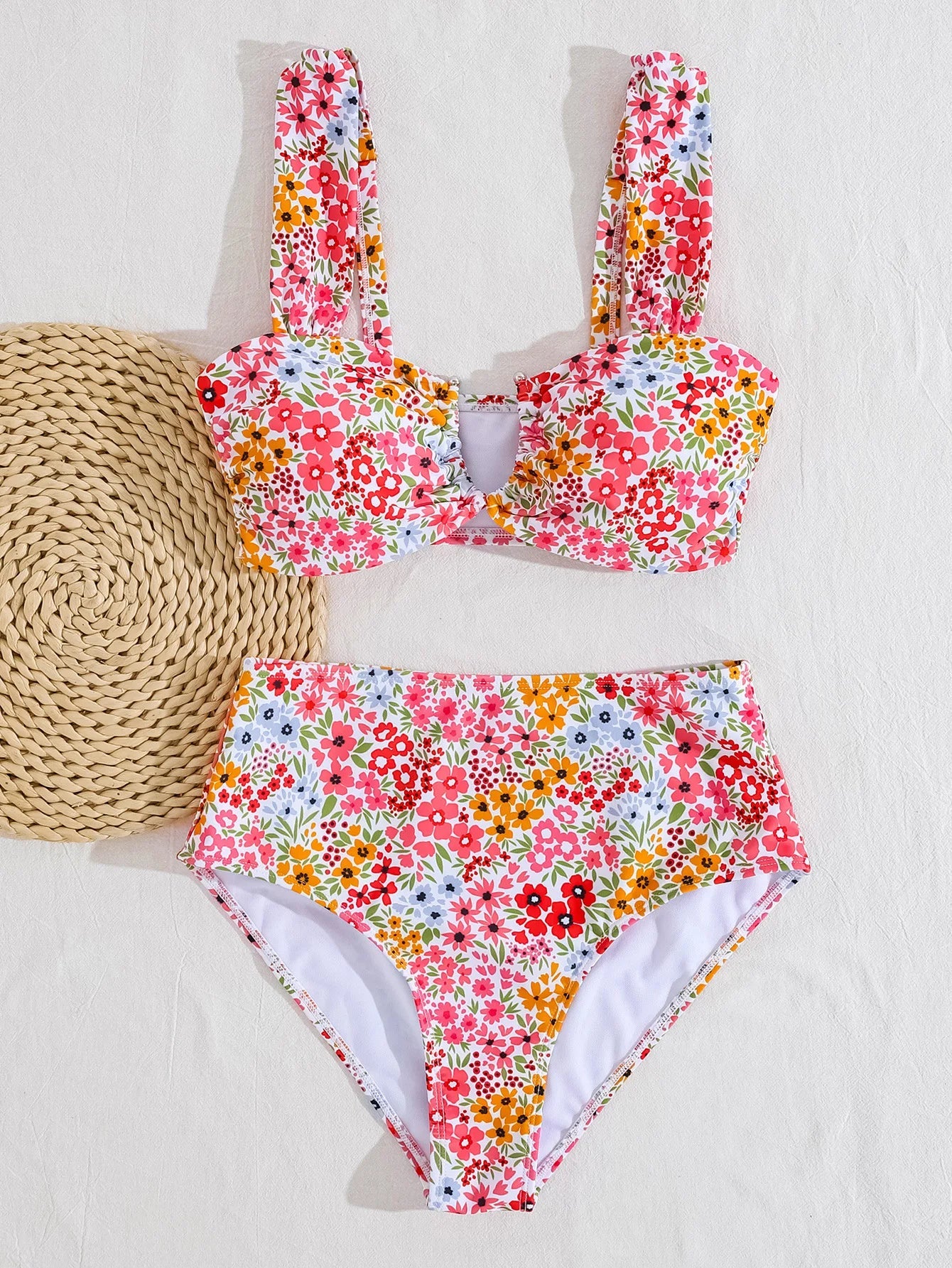 Voguable  Summer Pink Floral Print Bikinis Sets Women Metal U Neck Push Up High Waist Swimsuit Beach Bathing Suit Vacation Swimwear voguable
