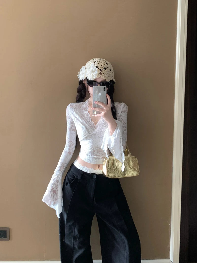 Women's Long Sleeve Lace Top V-neck Flared Sleeve Sheer Lace Crop T-shirt Teen-girl Coquette Fairycore Y2K Outfit voguable
