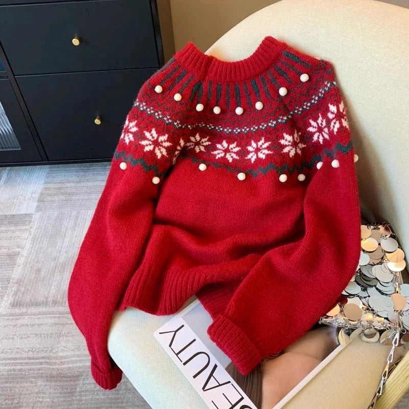 Sweet Print Christmas Red Sweater Women Cute O Neck Vintage Knitted Jumper Casual Korean Lady Fall Winter Preppy Style Loose Top voguable