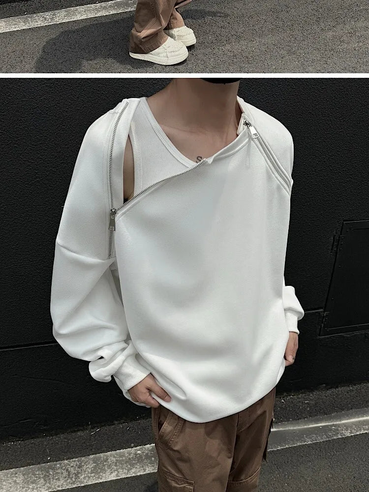 2025 Spring Men Sweatshirts Metal Zipper Solid Color Casual O Neck Fashion Oversize Streetwear Hip Hop Male White/Black voguable