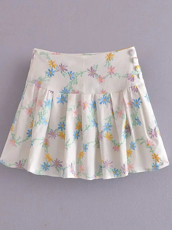 Voguable  Floral Embroidery Pleated Mini Skirt New Women Side Zipper Button High Waist Jupe Summer Fashion Faldas voguable
