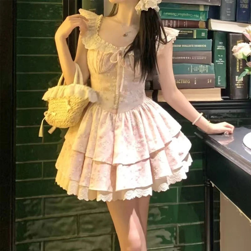 Voguable  French Style Women's Dress Flying Sleeve Summer Patchwork Lace Short Dress Princess Ball Gown Girl Party Dress voguable
