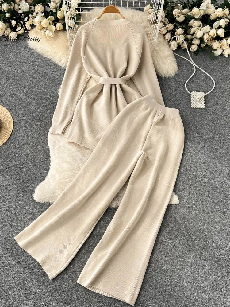 Winter Casual Two Pieces Suits Long Sleeve Knitted Cardigan Coat+Elastic Waist Wide Leg Pant Female Loose Sweater Sets voguable