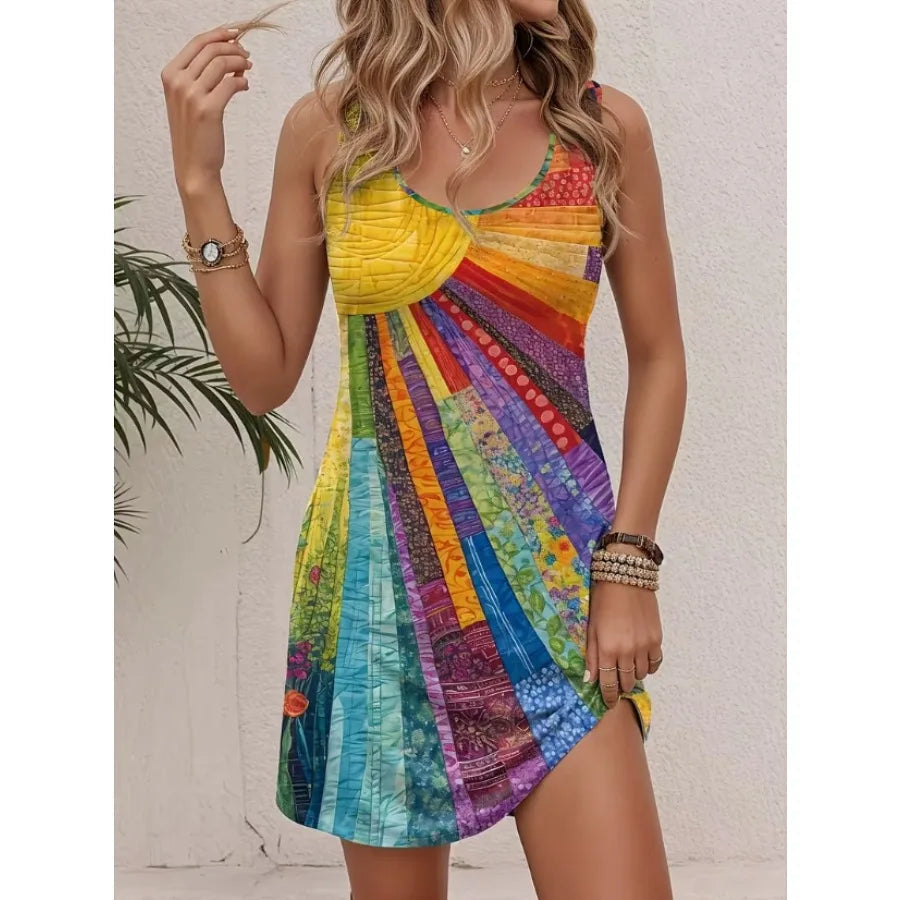 Voguable  European and American summer new sleeveless vest sling print A-swing dress voguable