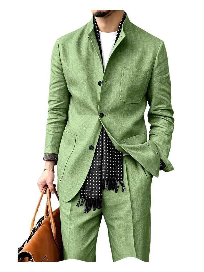Voguable  Men's Linen Blend 2 Piece Suit Set Stand Collar Three Button Breathable Casual Blazer Pants For Business Daily Wear Summer voguable