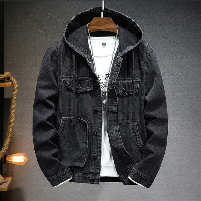 Spring Autumn Men's Hooded Denim Jacket Windproof Casual Coats Male Large Pocket Sports Denim Jackets Solid Fashion Streetwear voguable
