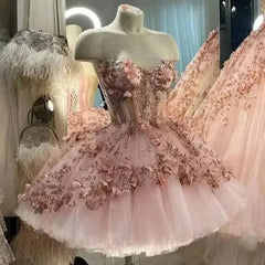 Glittering 3D Flowers Ball Gown Short Quinceanera Dresses Sweetheart Sleeveless Prom Party Dress Lace Corset Evening Dress voguable