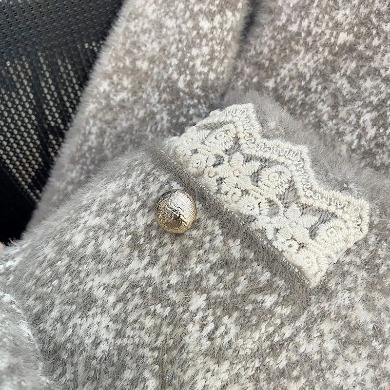 Faux Mink Cashmere Gray Cardigan Women Lace Patchwork Long Sleeve Elegant Knitted Sweaters Vintage Korean Casual Pockets Tops voguable