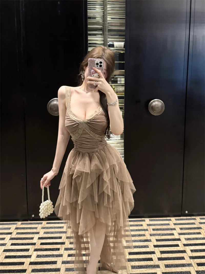 Voguable  French Style Spaghetti Strp Dress For Women Patchwork Lace Mesh Birthday Party Gril Dress Irregular Princess Dress voguable