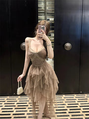 Voguable  French Style Spaghetti Strp Dress For Women Patchwork Lace Mesh Birthday Party Gril Dress Irregular Princess Dress voguable