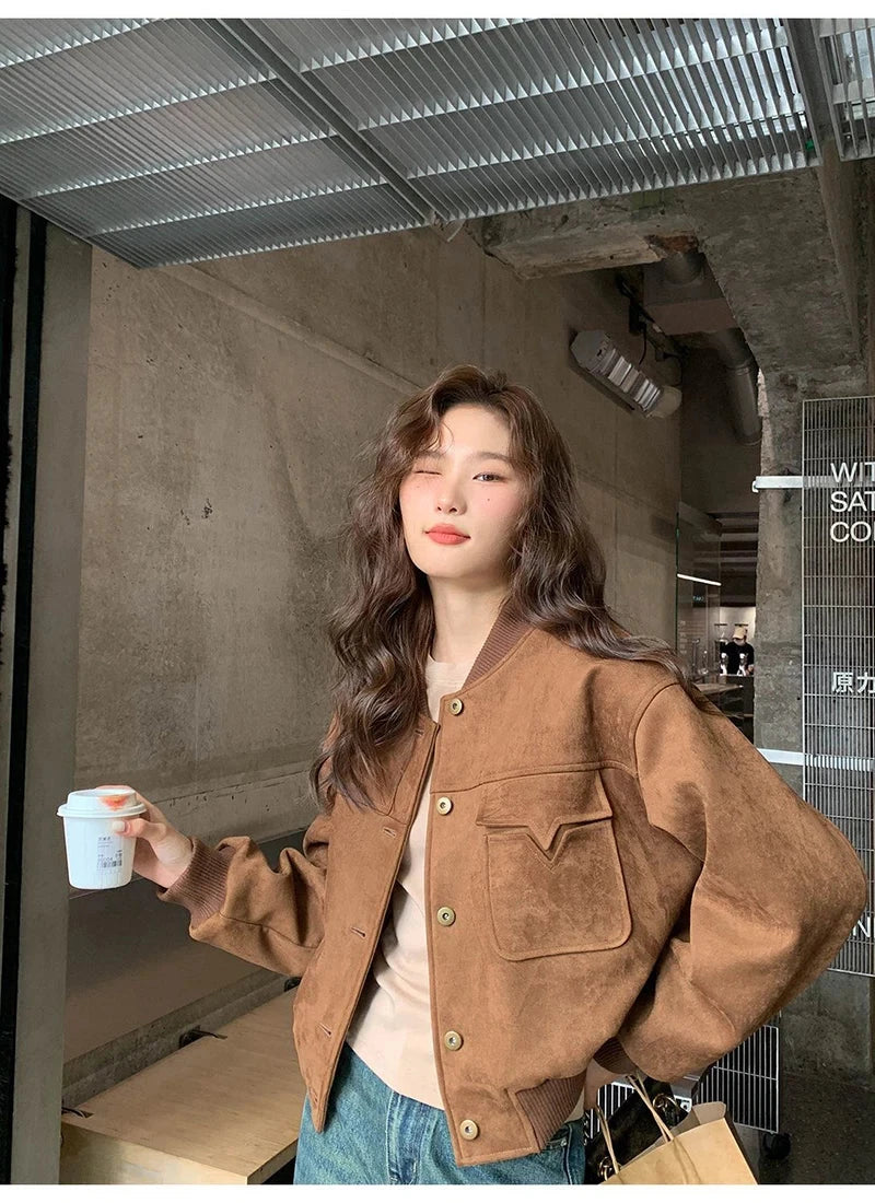 Y2K Retro Baseball Jacket Women Faux Suede Long Sleeve Fall Winter Coat Streetwear Casual American Vintage O Neck Bf Tops voguable