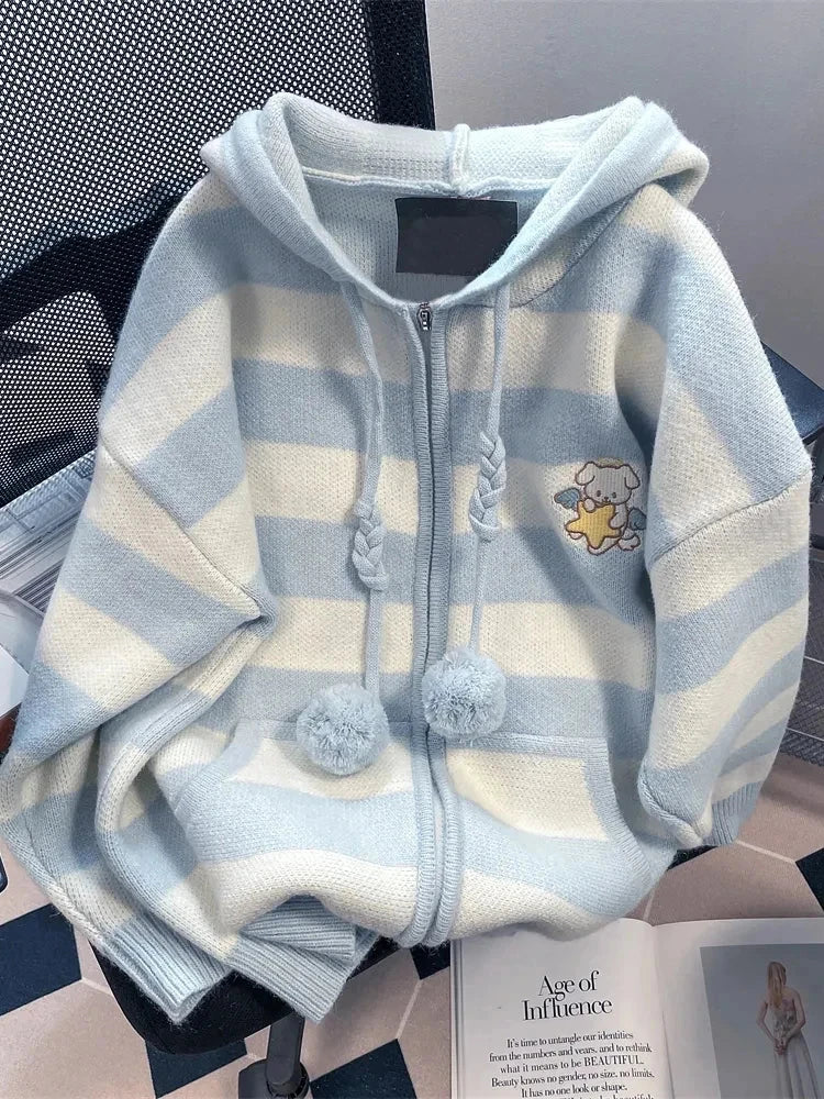Cartoon Striped Hooded Cardigan Women Loose Cute Long Sleeve Sweet Knitted Sweater Preppy Style Female Kawaii Vintage Tops voguable