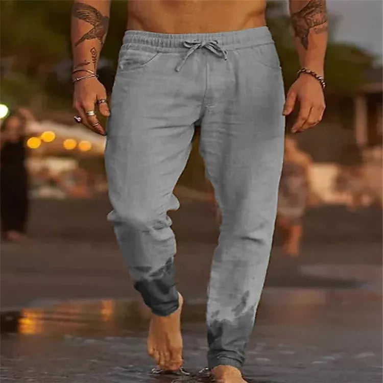 Voguable  European and American Cross-border New Men's Solid Color Drawstring Linen Loose Casual Pants voguable