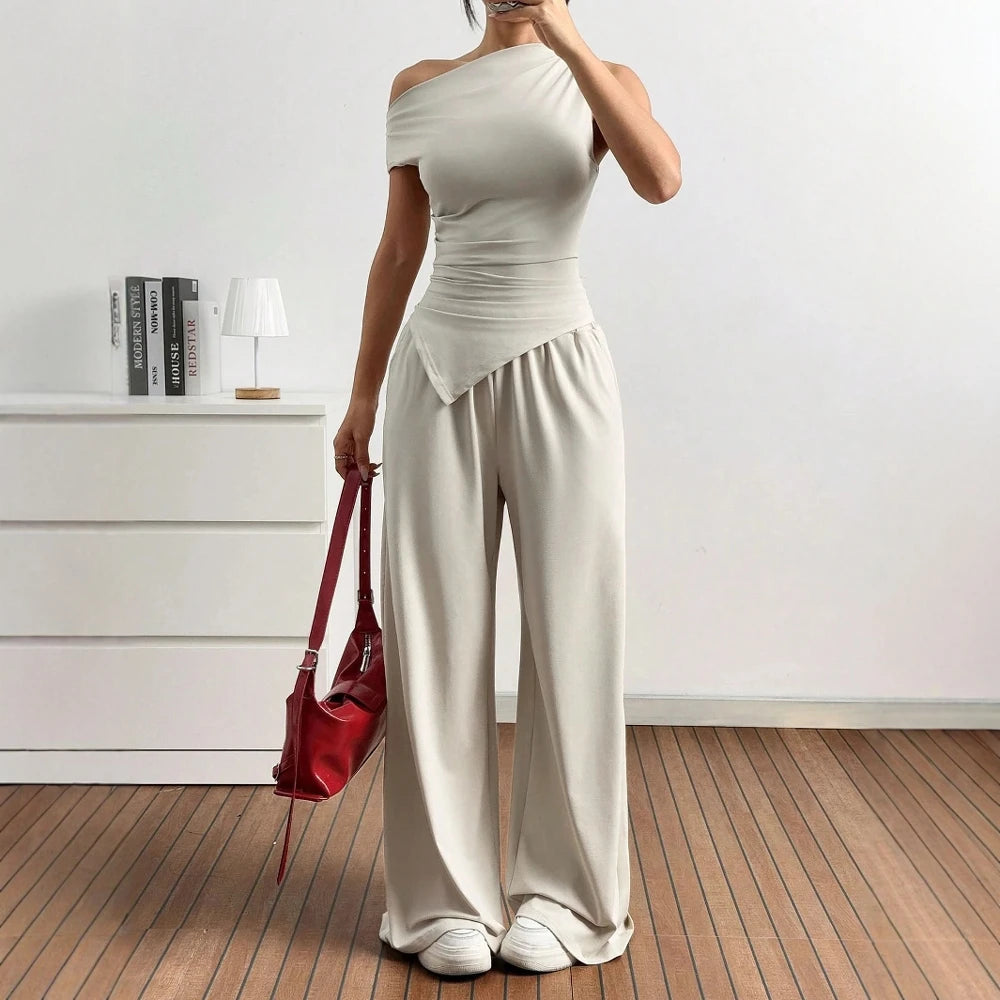 Sets Summer Casual Plain Asymmetrical Short Sleeve One-Shoulder T-Shirts Full Length Wide Leg Pants Sets For Women voguable