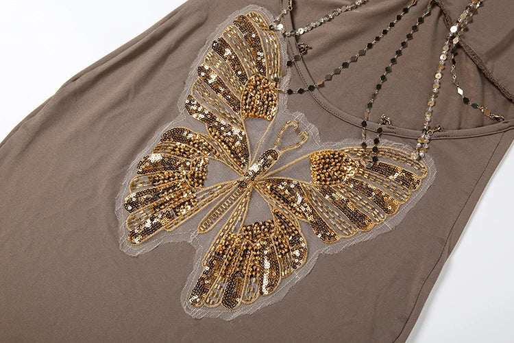 Voguable  Sequin Butterfly Maxi Dress Women Tassel Halter v-Neck Sleeveless Summer New Trend Stretch Sexy Vacation Vestidos voguable