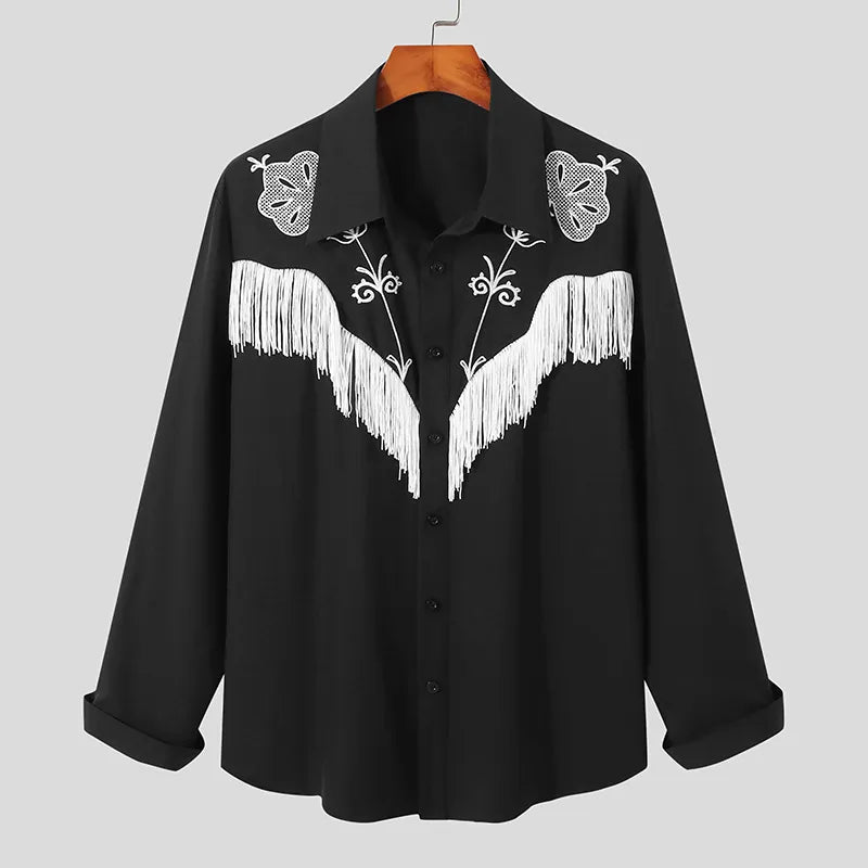 Men Shirt Embroidered Tassel Patchwork Lapel Long Sleeve Fashion Camisa Streetwear Button Casual Men Clothing S-5XL voguable