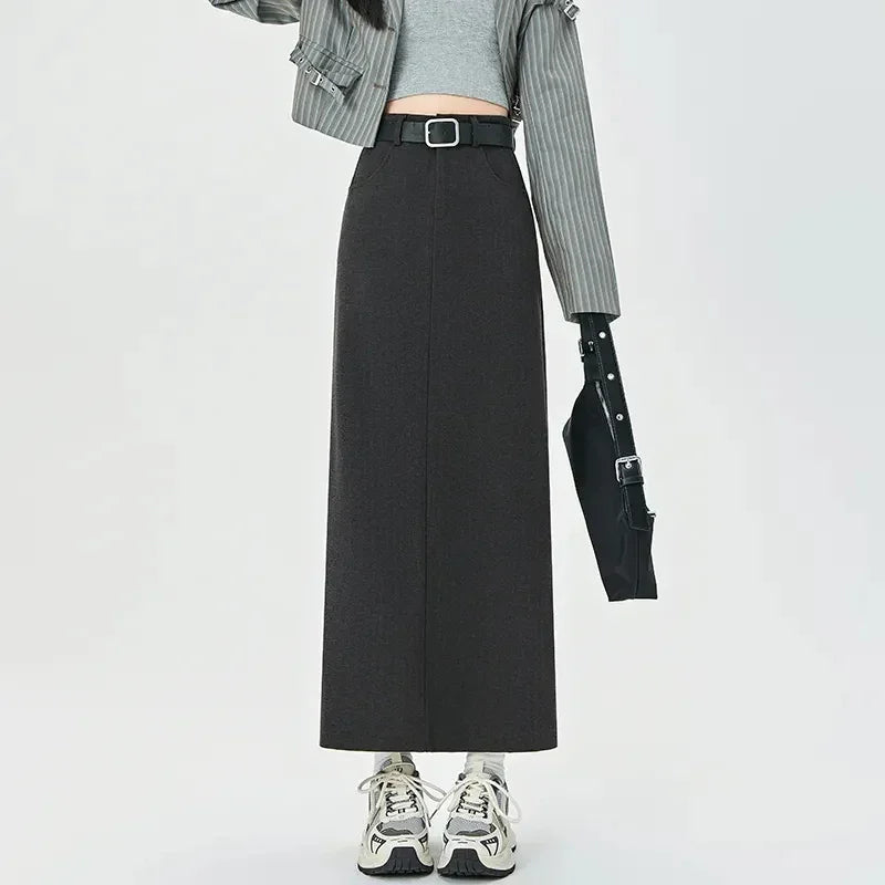 Autumn Faux Fur Belt Midi Skirts Women Y2K High Waist Rear Slit A-Line Skirt Winter Thick Elegant Office Lady Woolen Skirts New voguable