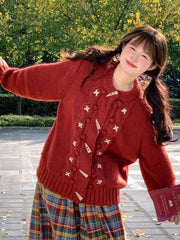 Christmas Red Sweet Cardigan Women Vintage Preppy Style Japan Knitted Sweater Casual Lazy Wind Female Fall Winter Tops New voguable