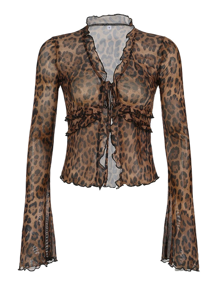 Leopard Print Lace-Up Blouse Shirts Women Semi-Sheer Mesh Elegant Fashion Sexy Flared Sleeve Ruffled Cardigan Tops voguable