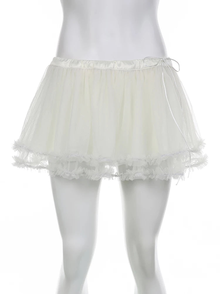 Voguable  Tiered Ruffle Tulle Mesh Skirt y2k Aesthetic Lace-up Low Waist A-line Mini Skirts Fairycore Kawaii Coquette Outfit voguable