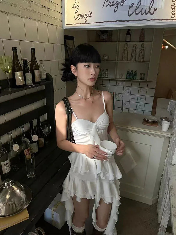 Y2K Streetwear Lace Camisole Dress Women Aesthetic Ruffle Slim Irregular Midi Dress Summer Club Party All Match Ladies Vestidos voguable