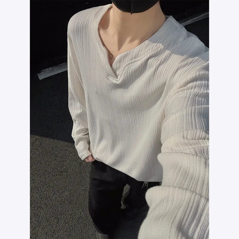 Spring Long Sleeved T-shirt Men Fashion Casual V-neck T Shirt Men Streetwear Korean Loose Pleated T Shirt Mens Top M-3XL voguable