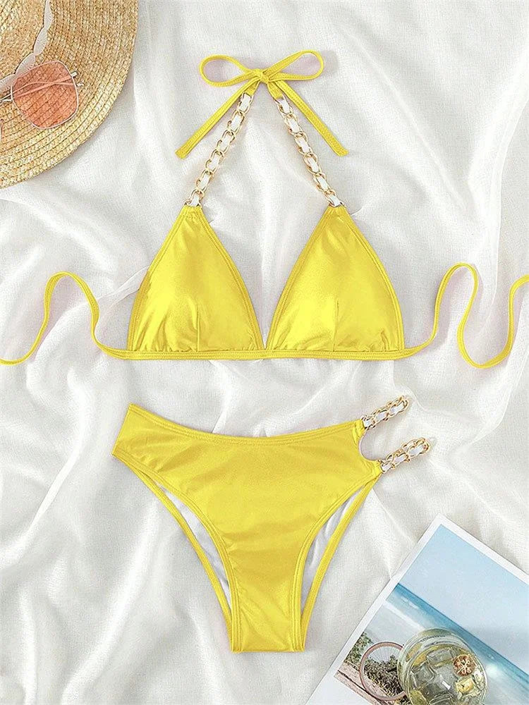 Voguable Push Up Bikini Micro Bikinis Set Pink Gradient Metal Strap Swimsuit Women Sexy Cut Out Bathing Suit High Waist Swimwear voguable
