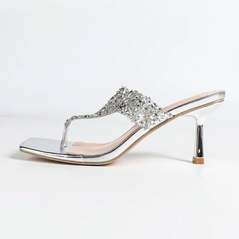 Voguable  Summer Designer Silver Bling Sequin Square Clip Toe Slippers Women Fashion Thin Low Heels Slide Shoes voguable